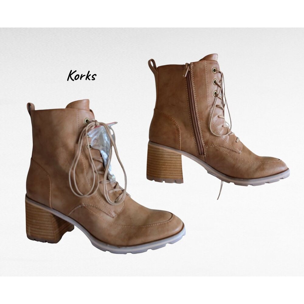 Korks Cambria Ankle Boots Brown Leather Lace Up Stacked Heel Lug Sole